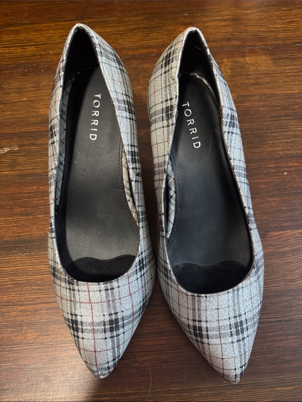 torrid Plaid Pointed Toe heels in Gray, Black and Red Accent